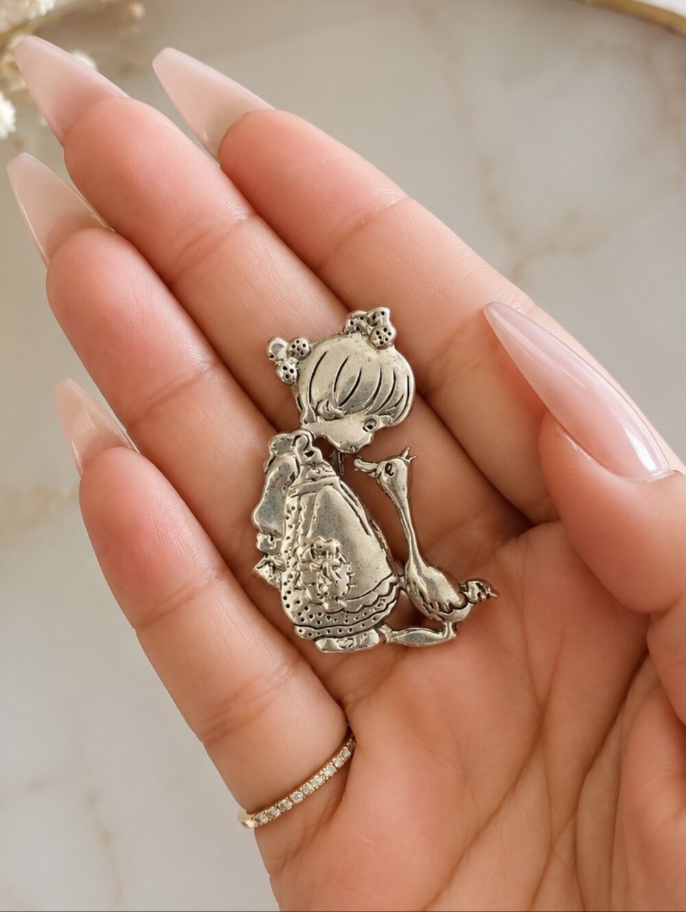 Vintage Precious Moments Sterling Silver Girl & Goose Brooch Pin Mexico 925